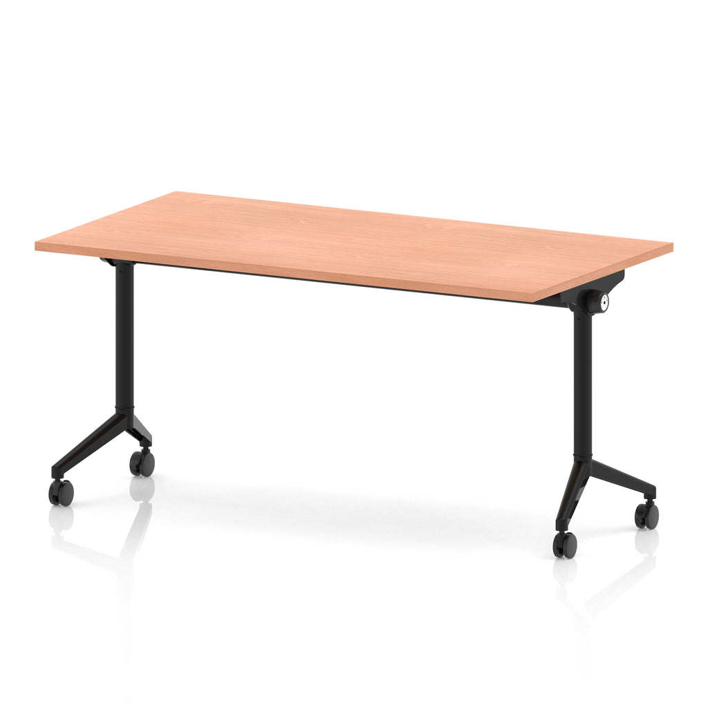 Rectangular table with a wood-effect flip top and black metal legs on wheels against a white background