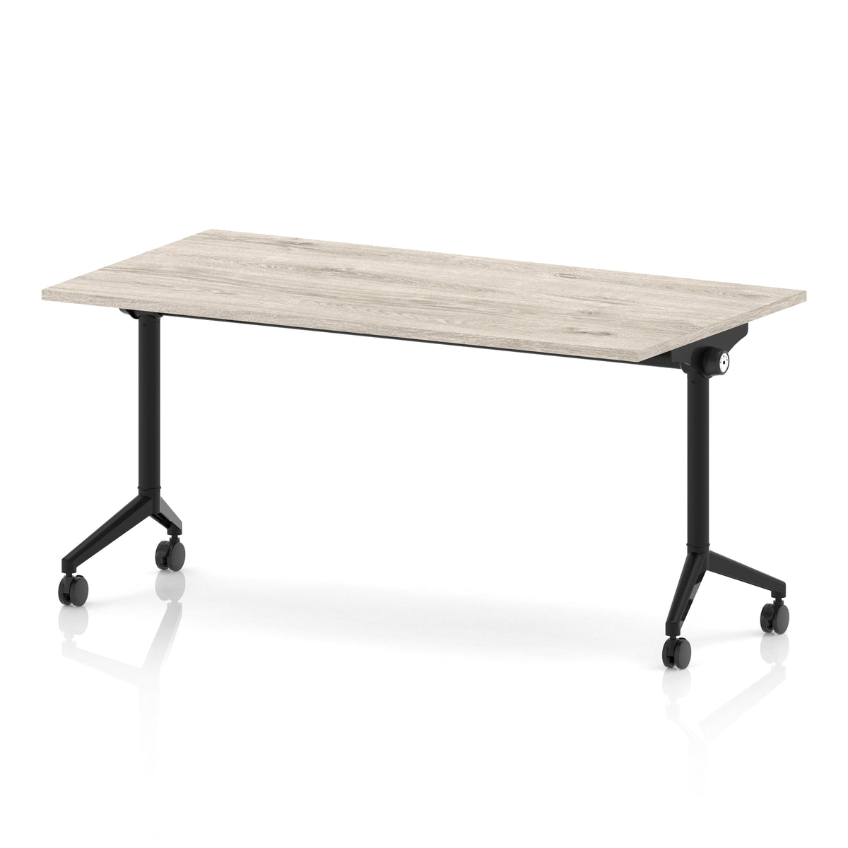 Rectangular table with a grey wood-effect flip top and black metal legs on wheels against a white background
