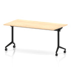 Rectangular table with a wood-effect flip top and black metal legs on wheels against a white background