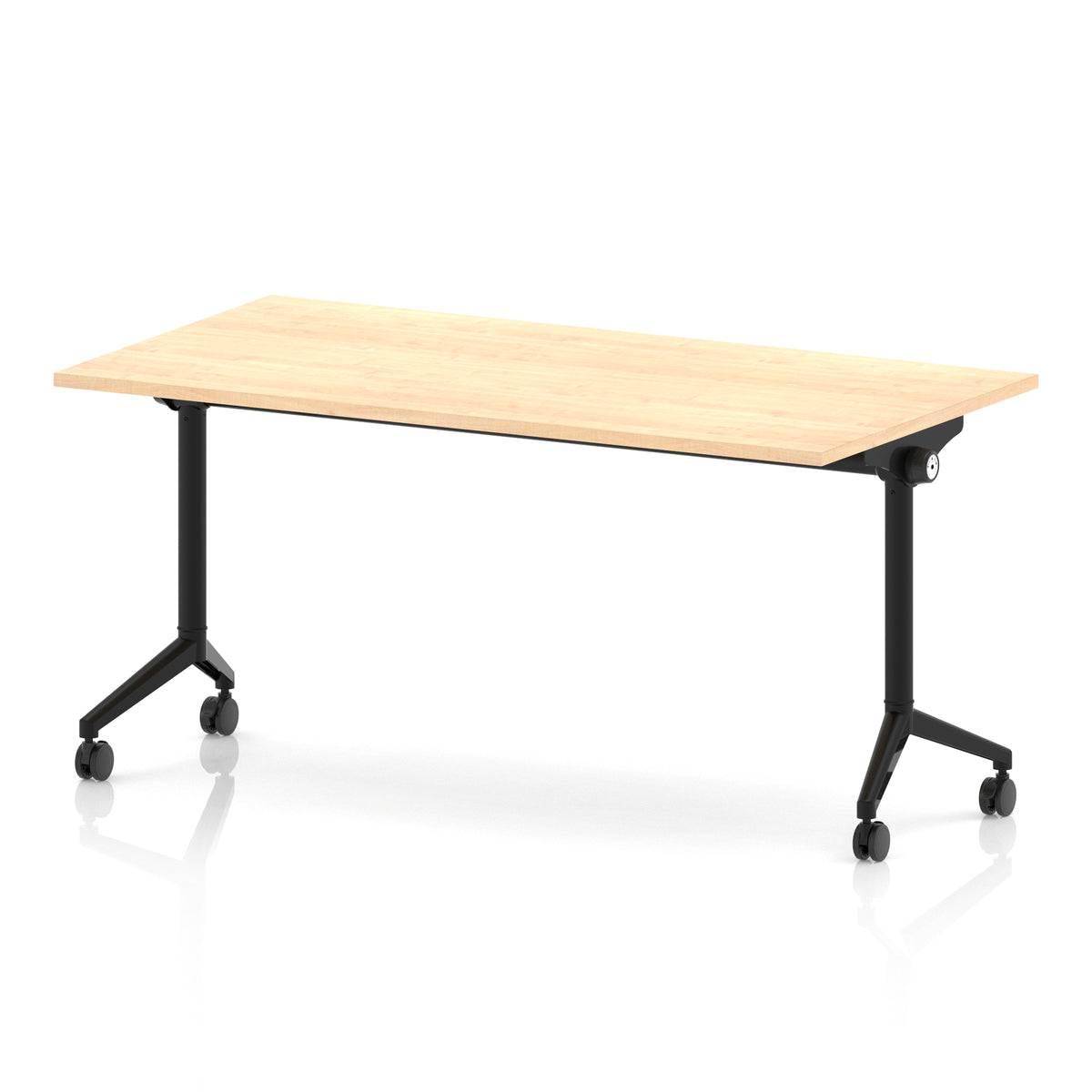 Rectangular table with a wood-effect flip top and black metal legs on wheels against a white background