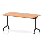 Rectangular table with a wood-effect flip top and black metal legs on wheels against a white background