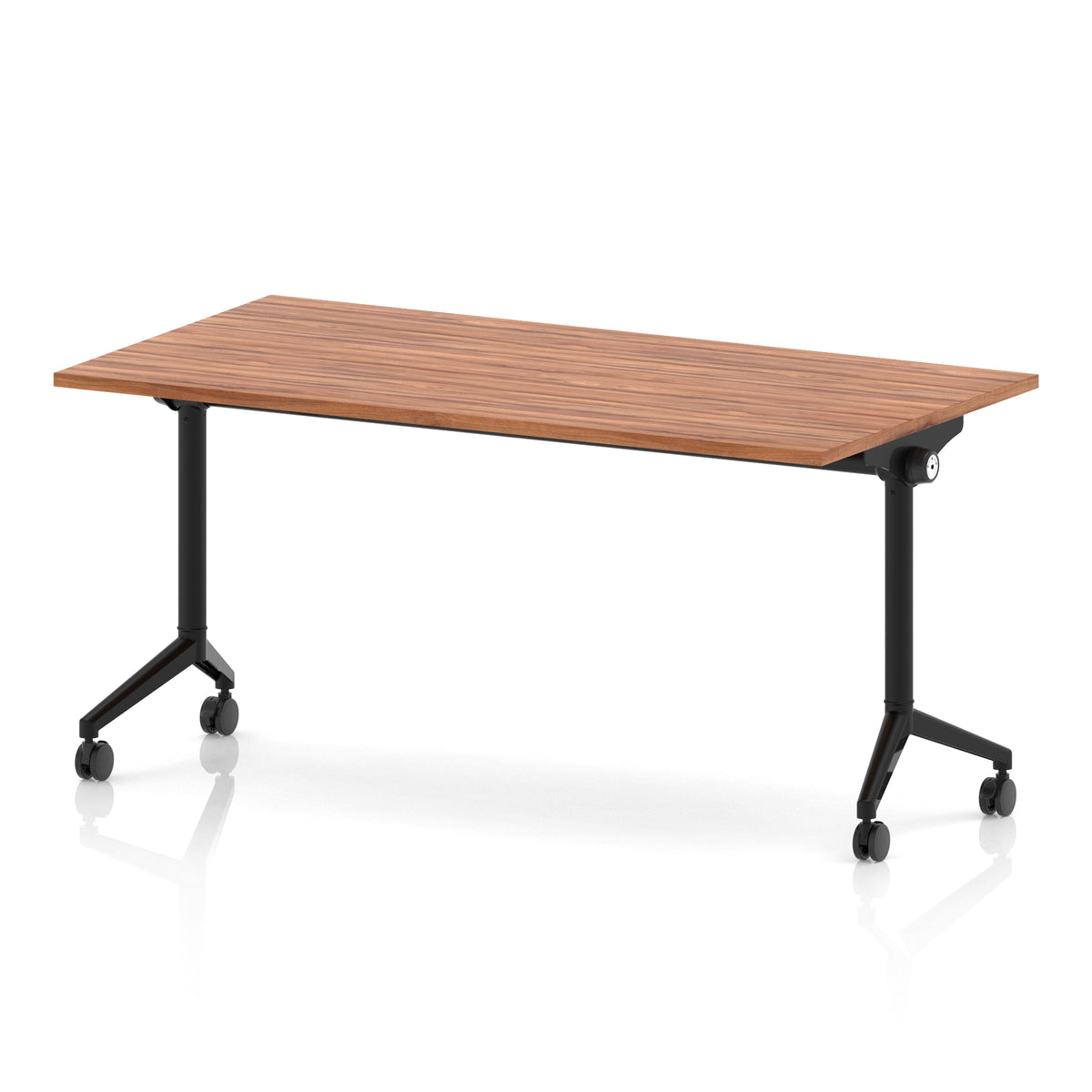 Rectangular table with a wood-effect flip top and black metal legs on wheels against a white background