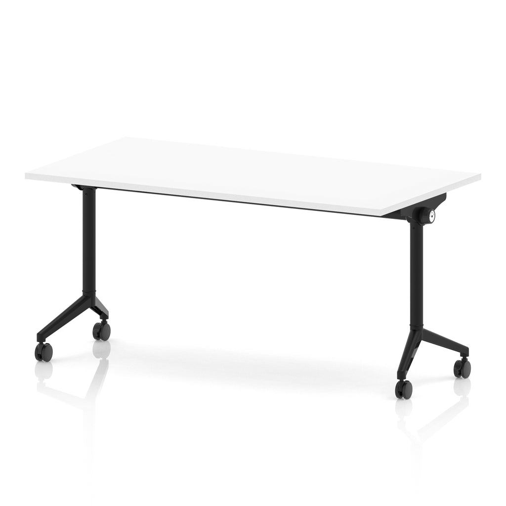 Rectangular table with a white flip top and black metal legs on wheels against a white background