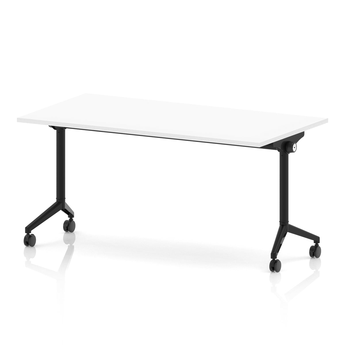 Rectangular table with a white flip top and black metal legs on wheels against a white background