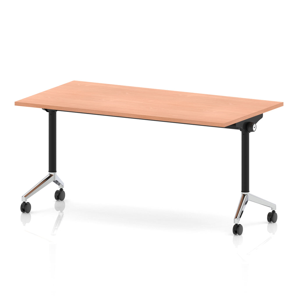 Rectangular table with a wood-effect flip top and black and chrome metal legs on wheels against a white background