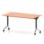 Rectangular table with a wood-effect flip top and black and chrome metal legs on wheels against a white background
