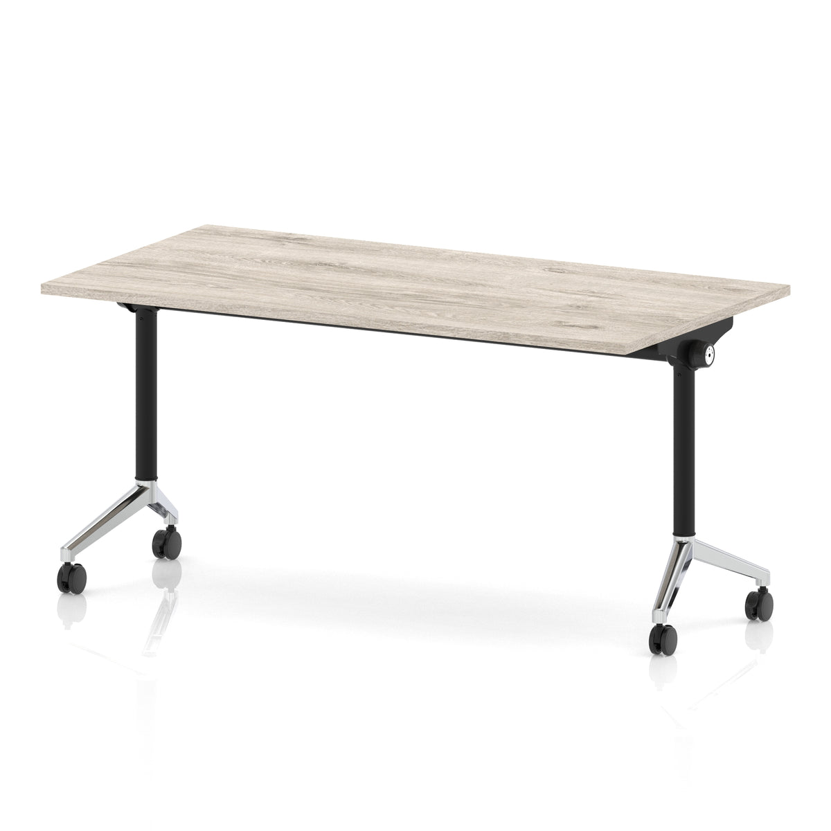 Rectangular table with a grey wood-effect flip top and black and chrome metal legs on wheels against a white background