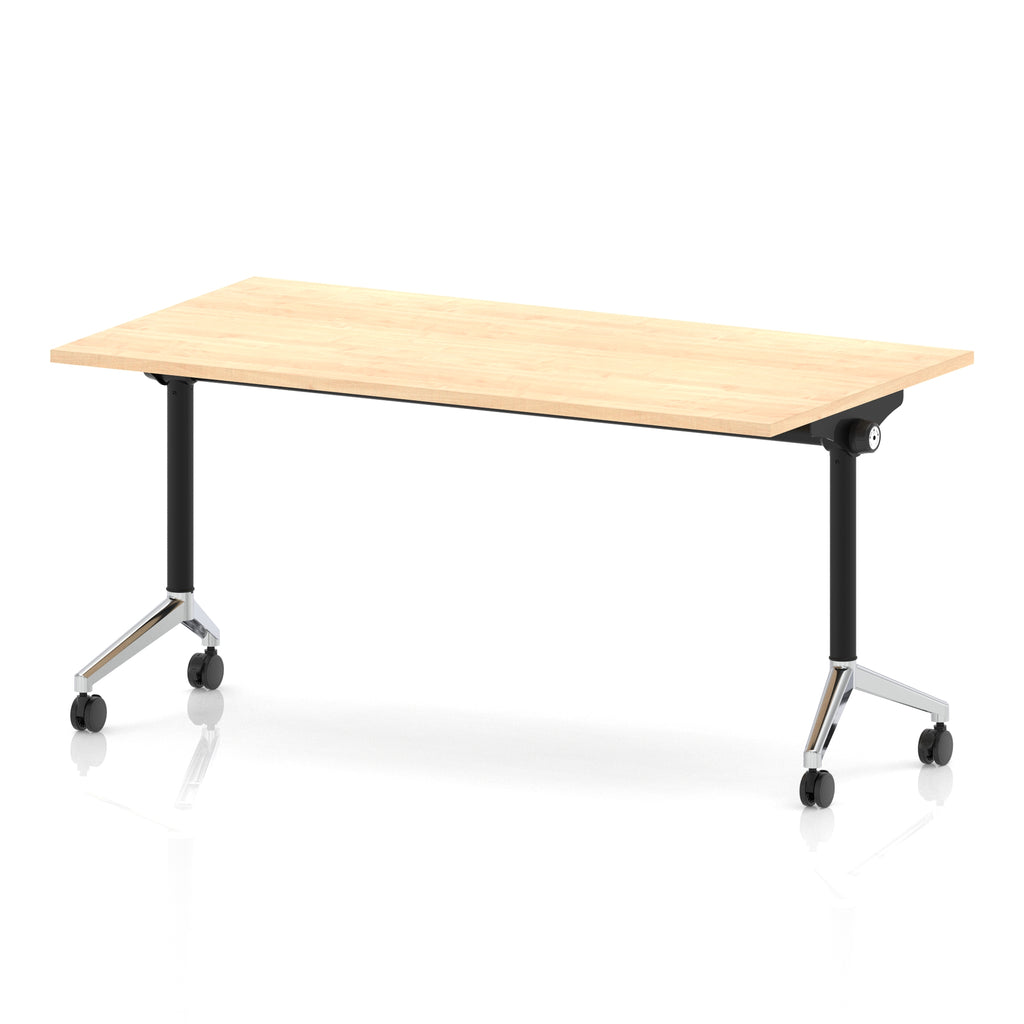 Rectangular table with a wood-effect flip top and black and chrome metal legs on wheels against a white background