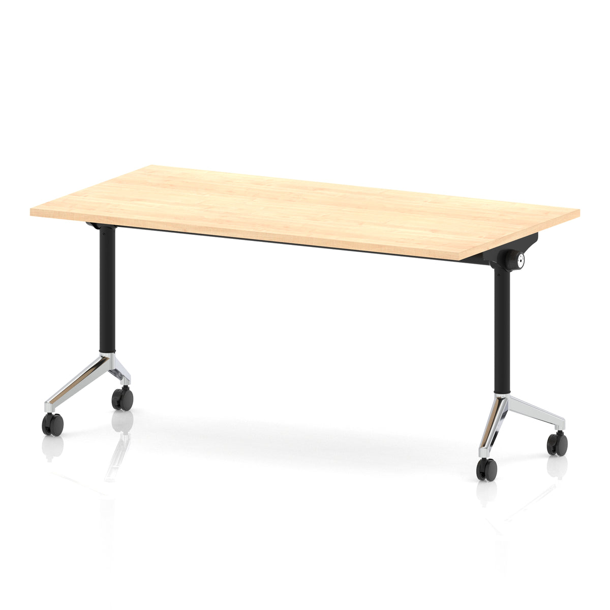 Rectangular table with a wood-effect flip top and black and chrome metal legs on wheels against a white background