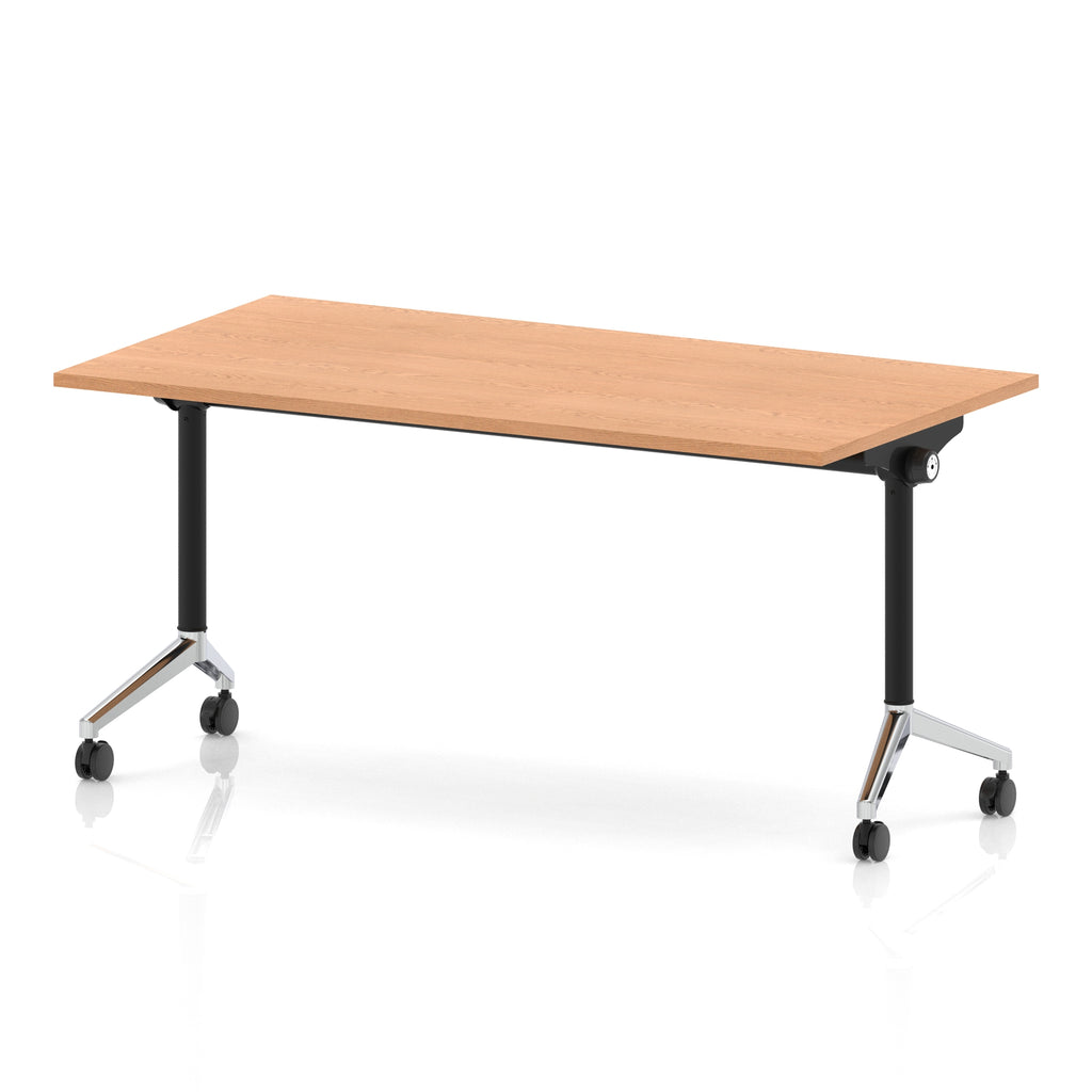 Rectangular table with a wood-effect flip top and black and chrome metal legs on wheels against a white background