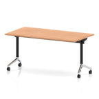 Rectangular table with a wood-effect flip top and black and chrome metal legs on wheels against a white background