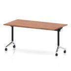 Rectangular table with a wood-effect flip top and black and chrome metal legs on wheels against a white background