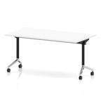 Rectangular table with a white flip top and black and chrome metal legs on wheels against a white background