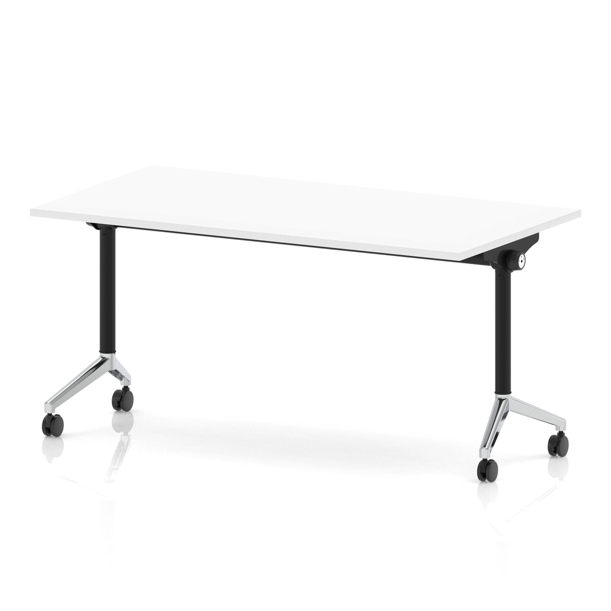 Rectangular table with a white flip top and black and chrome metal legs on wheels against a white background