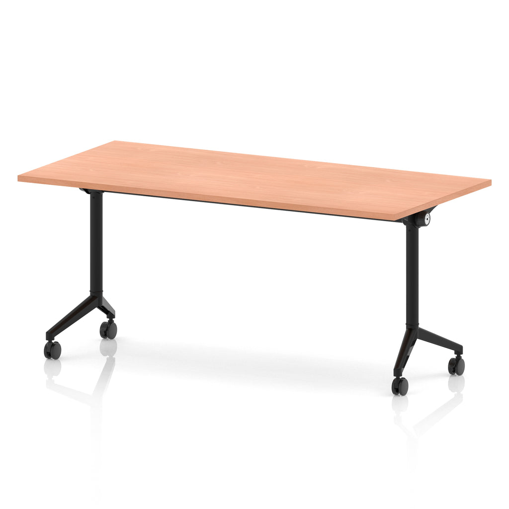 Rectangular table with a wood-effect flip top and black metal legs on wheels against a white background
