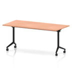 Rectangular table with a wood-effect flip top and black metal legs on wheels against a white background