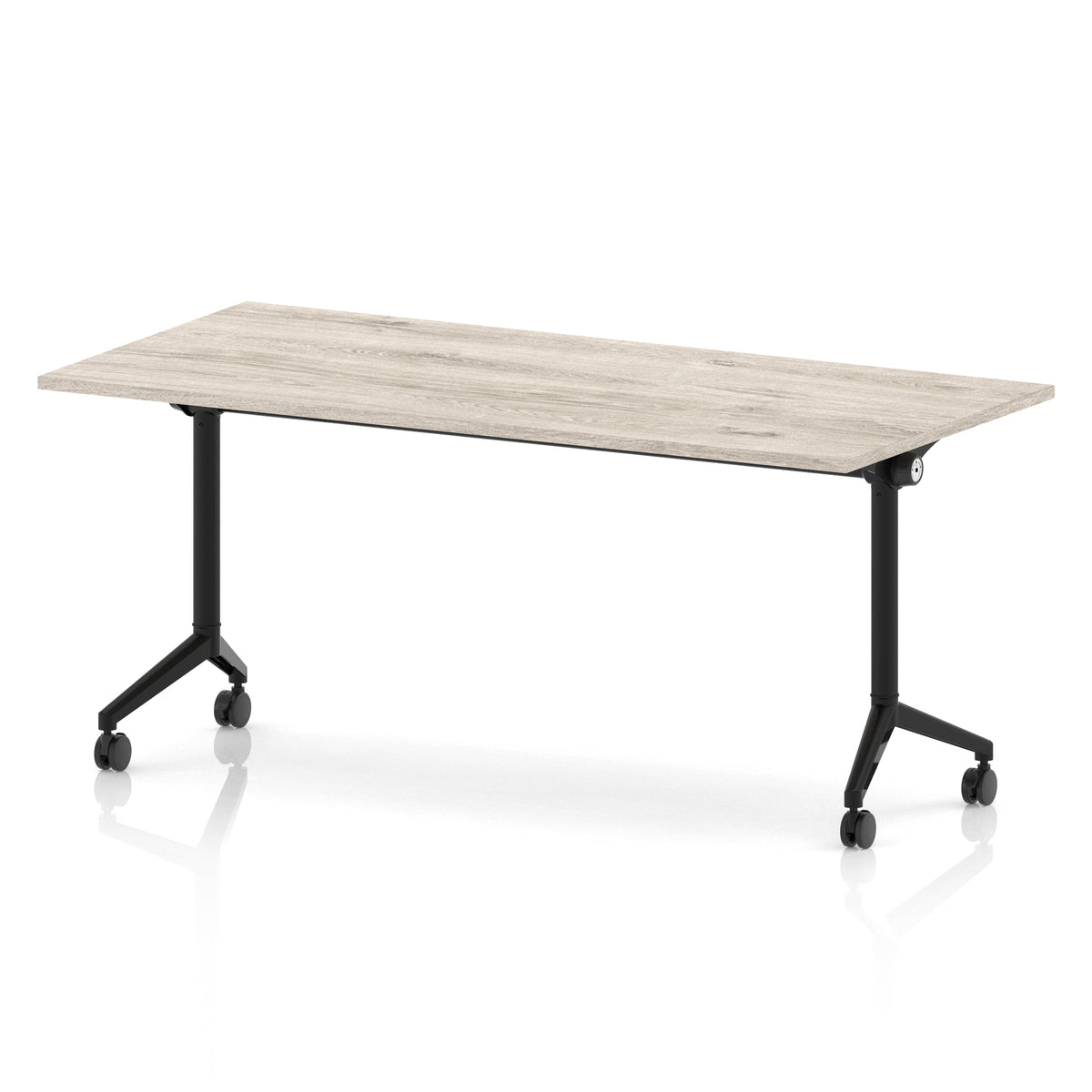 Rectangular table with a grey wood-effect flip top and black metal legs on wheels against a white background