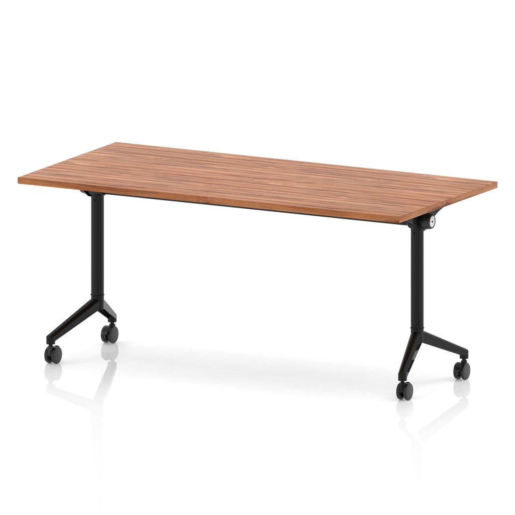 Rectangular table with a wood-effect flip top and black metal legs on wheels against a white background