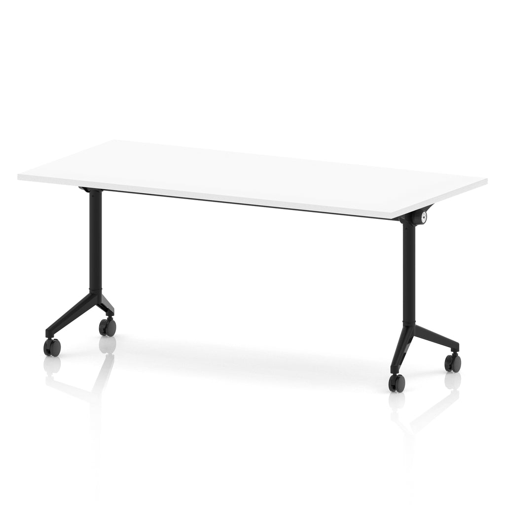 Rectangular table with a white flip top and black metal legs on wheels against a white background