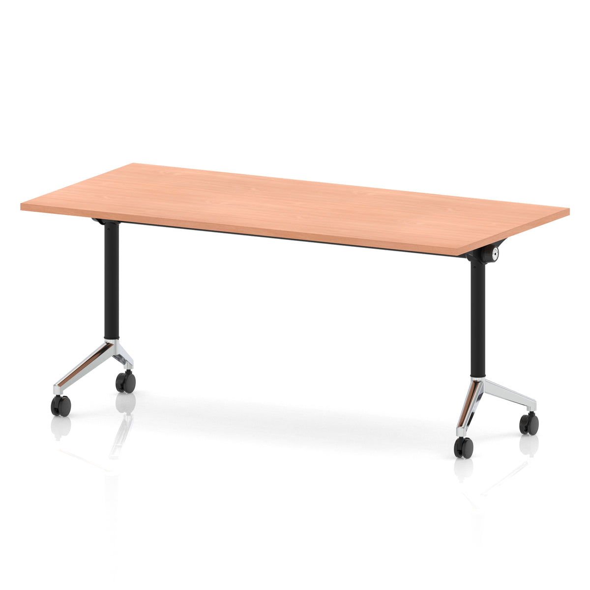 Rectangular table with a wood-effect flip top and black and chrome metal legs on wheels against a white background
