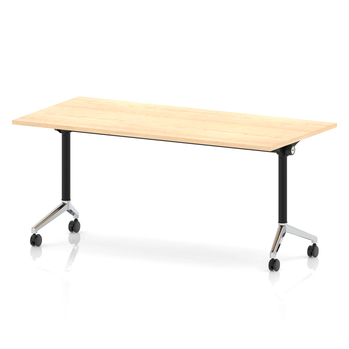 Rectangular table with a wood-effect flip top and black and chrome metal legs on wheels against a white background