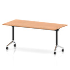 Rectangular table with a wood-effect flip top and black and chrome metal legs on wheels against a white background