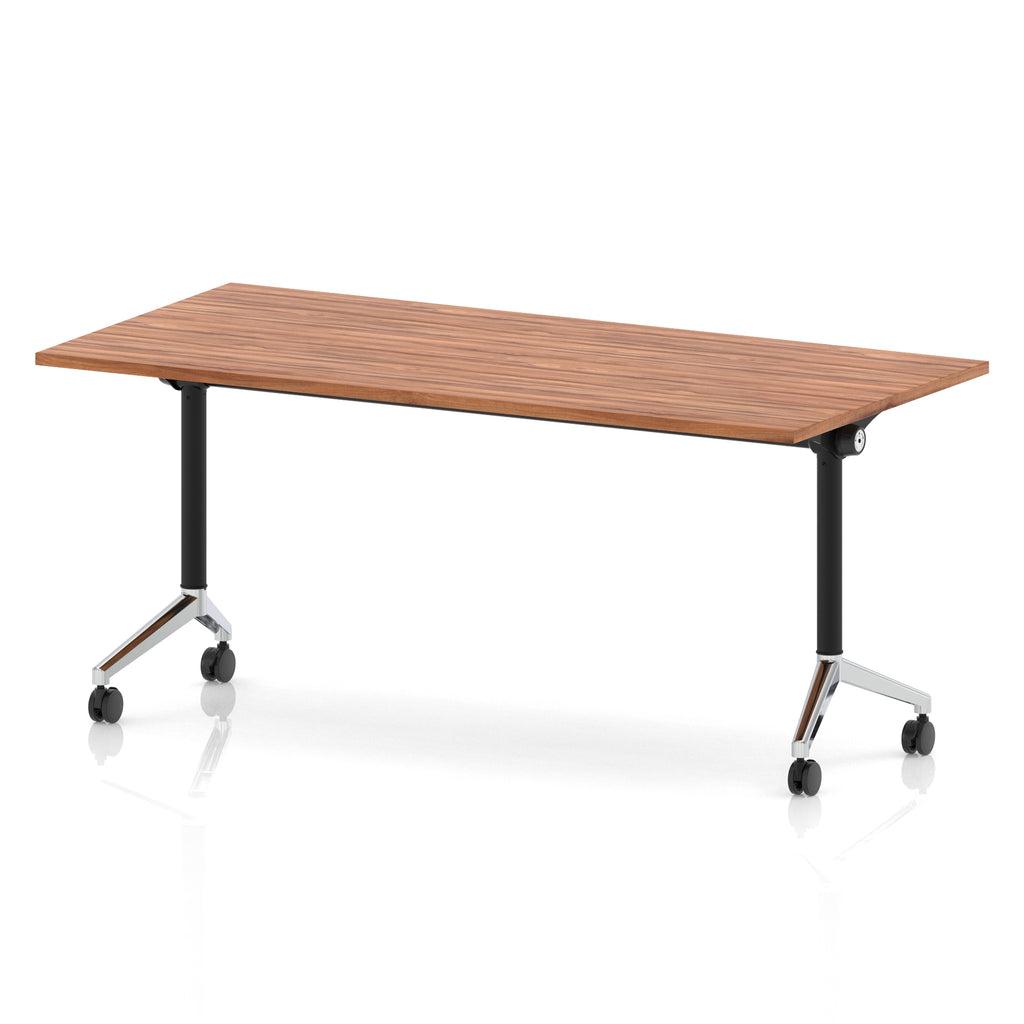 Rectangular table with a wood-effect flip top and black and chrome metal legs on wheels against a white background