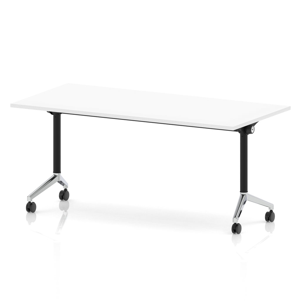 Rectangular table with a white flip top and black and chrome metal legs on wheels against a white background
