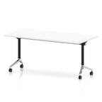 Rectangular table with a white flip top and black and chrome metal legs on wheels against a white background