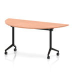 Flip top table with black frame on wheels and wood-effect top, shown on a white background