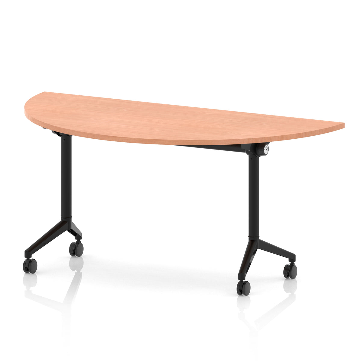 Flip top table with black frame on wheels and wood-effect top, shown on a white background