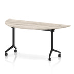 Flip top table with black frame on wheels and grey wood-effect top, shown on a white background