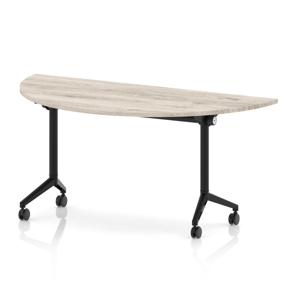 Flip top table with black frame on wheels and grey wood-effect top, shown on a white background