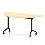 Flip top table with black frame on wheels and wood-effect top, shown on a white background