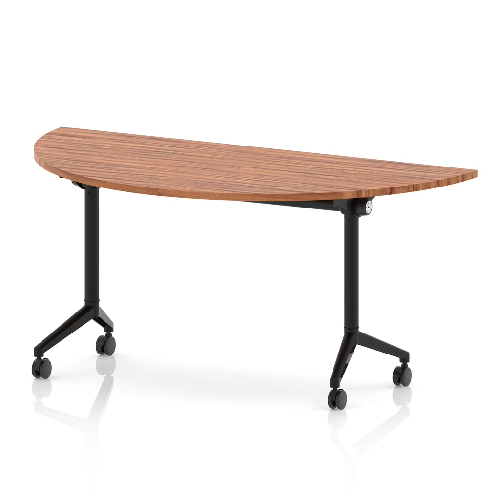 Flip top table with black frame on wheels and wood-effect top, shown on a white background