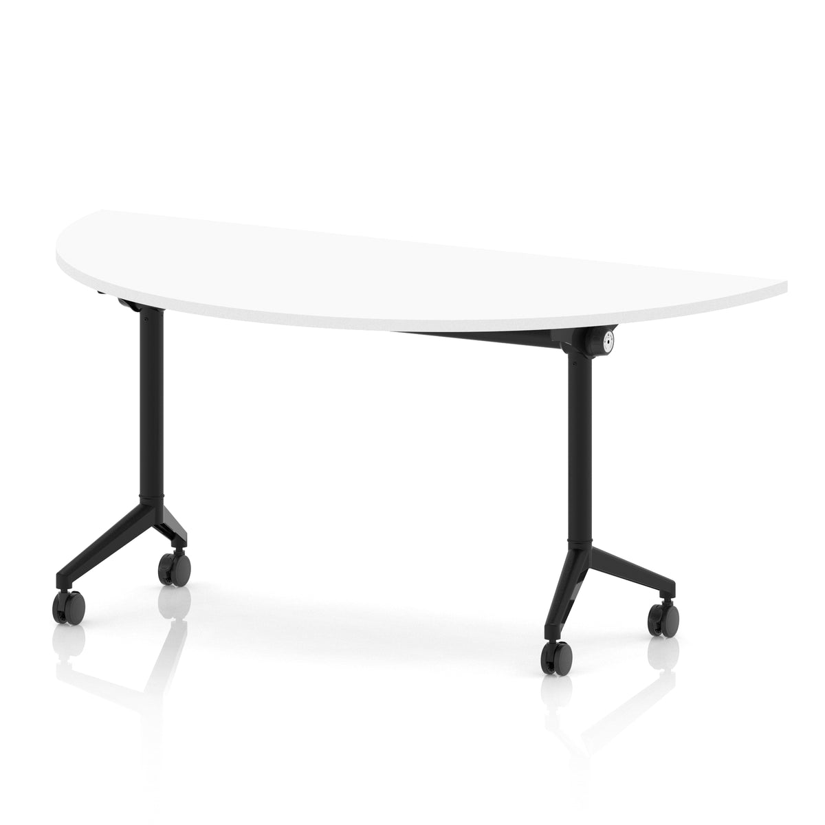 Flip top table with black frame on wheels and white top, shown on a white background
