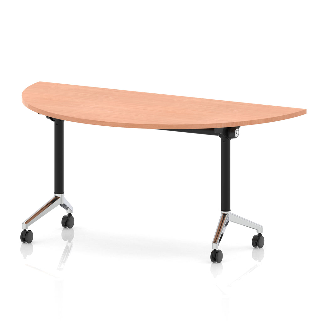 Flip top table with black and chrome frame on wheels and wood-effect top, shown on a white background