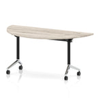 Flip top table with black and chrome frame on wheels and wood-effect top, shown on a white background