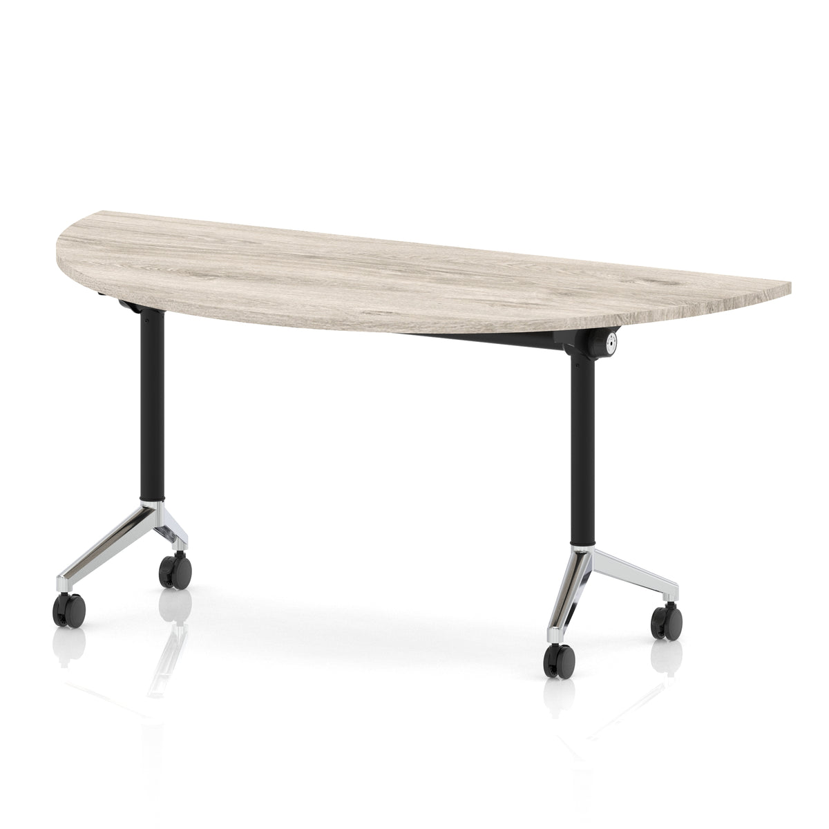 Flip top table with black and chrome frame on wheels and wood-effect top, shown on a white background