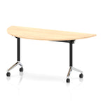 Flip top table with black and chrome frame on wheels and wood-effect top, shown on a white background