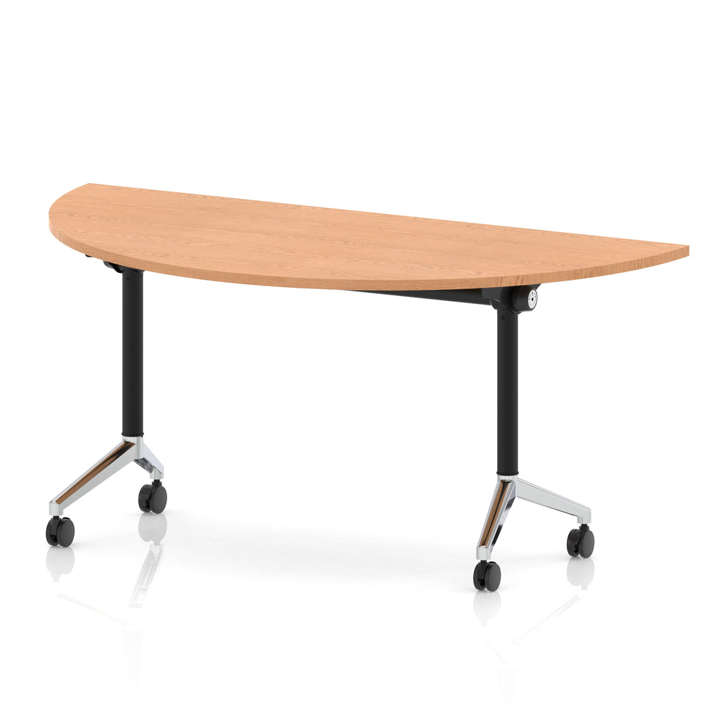 Flip top table with black and chrome frame on wheels and wood-effect top, shown on a white background