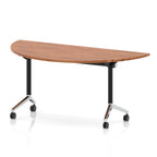 Flip top table with black and chrome frame on wheels and wood-effect top, shown on a white background