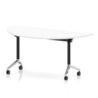Flip top table with black and chrome frame on wheels and white top, shown on a white background