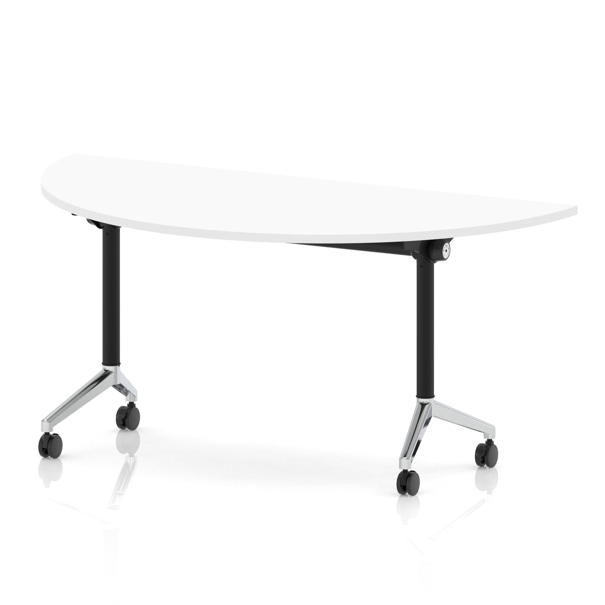 Flip top table with black and chrome frame on wheels and white top, shown on a white background