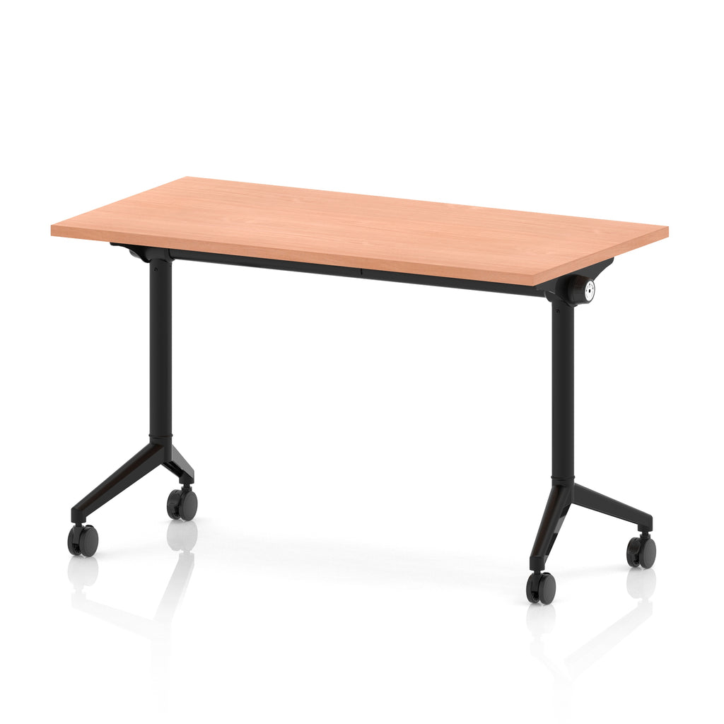 Rectangular table with a wood-effect top and black metal legs on wheels against a white background