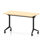 Rectangular table with a wood-effect top and black metal legs on wheels against a white background