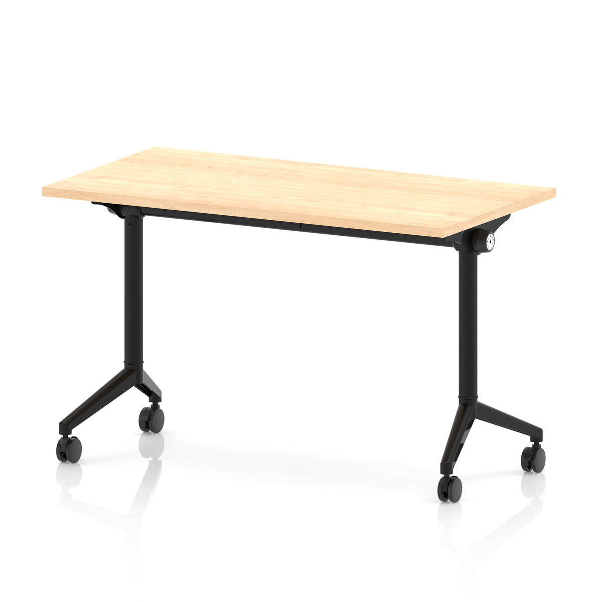 Rectangular table with a wood-effect top and black metal legs on wheels against a white background