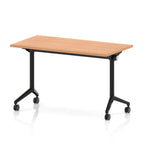 Rectangular table with a wood-effect top and black metal legs on wheels against a white background
