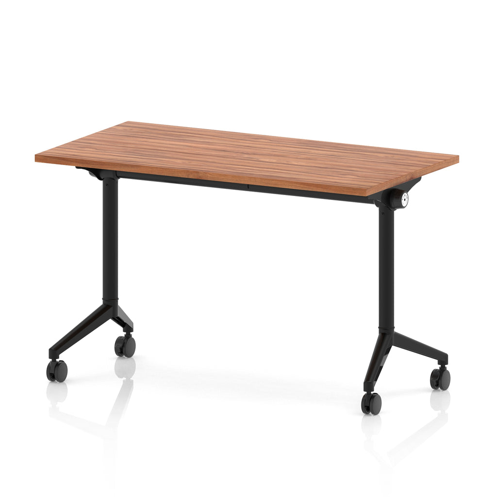 Rectangular table with a wood-effect top and black metal legs on wheels against a white background