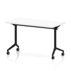 Rectangular table with a white top and black metal legs on wheels against a white background